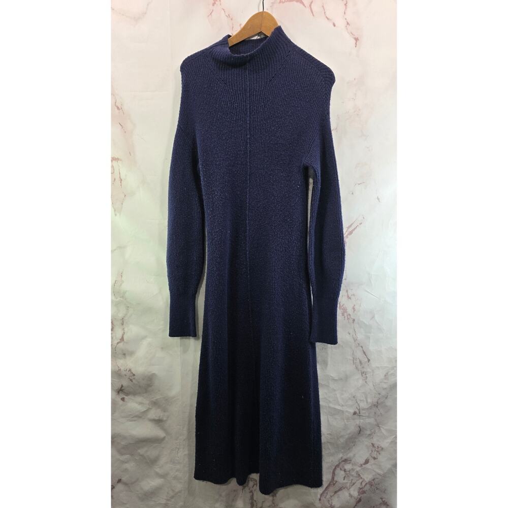 Something Navy Dress Womens Small Blue Sweater Balloon Sleeve Maxi Midi Mock